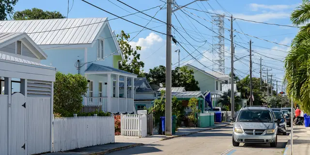 A sunny street of white houses with metal roofs, palm trees and a blue sky
